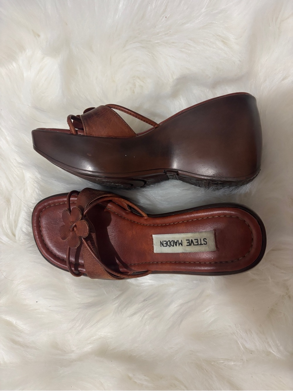 RARE Vintage y2k Steve Madden Rosiee Brown Leather Wedge Platform Chunky Sandals